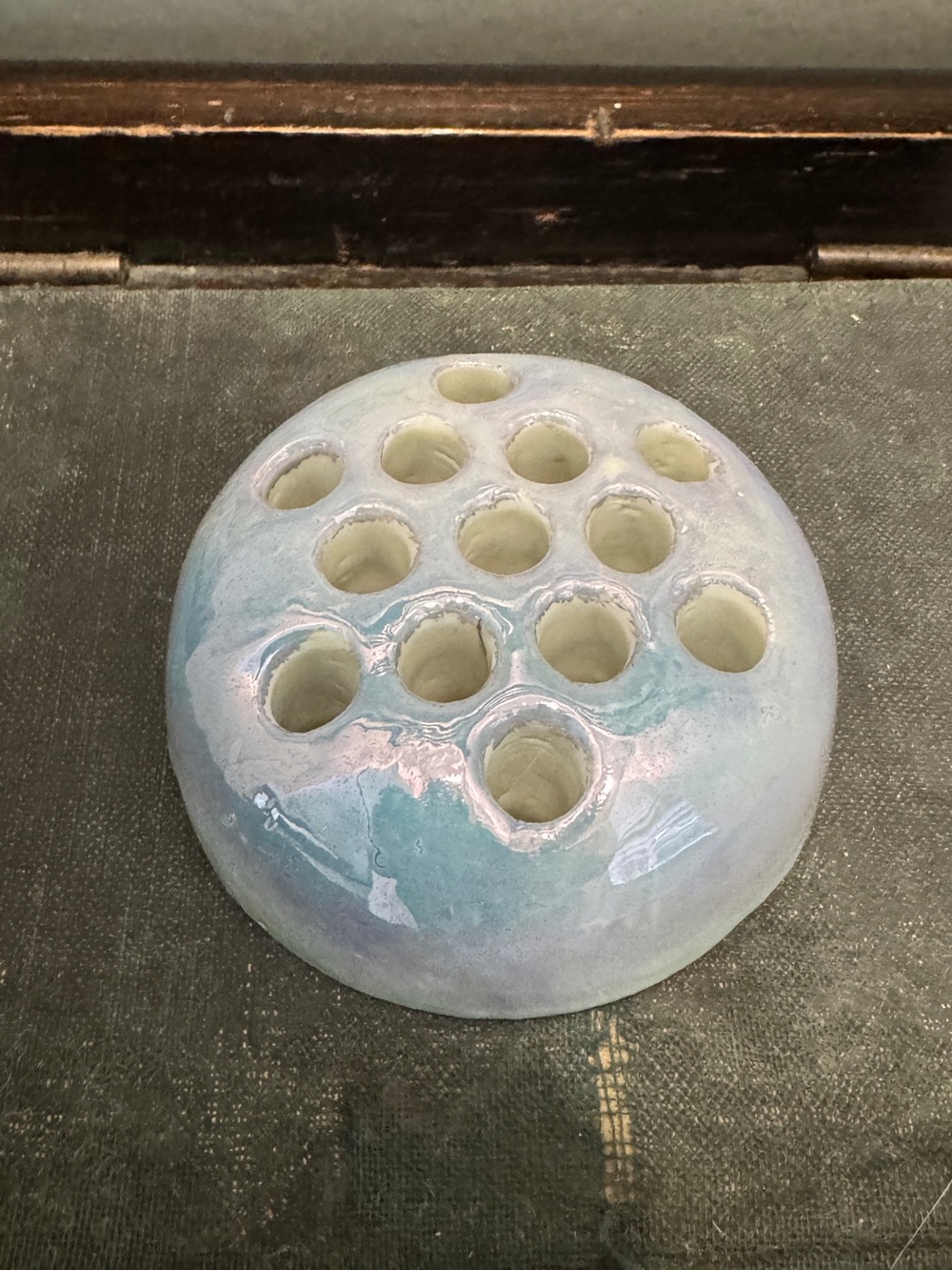 Vintage Ceramic Flower Frog Vase - Pale Blue